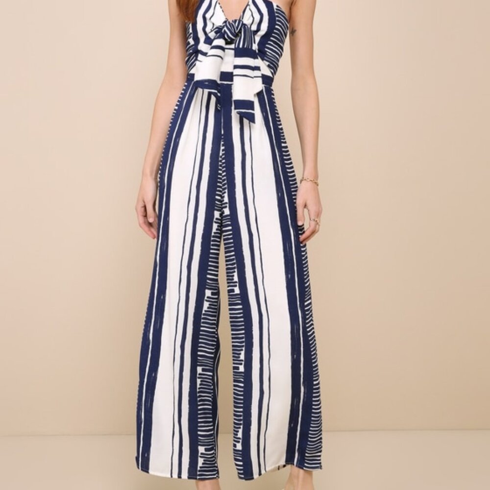 Lulus Delphi Blue And White Striped Tie-front Strapless Jumpsuit - Size L - NWT